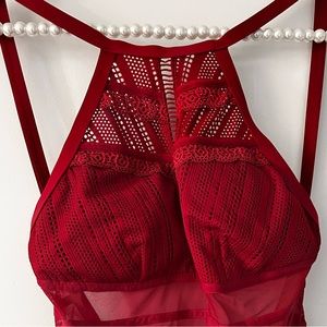 Becca Red One-Piece Swimsuit Mesh Crochet Medium